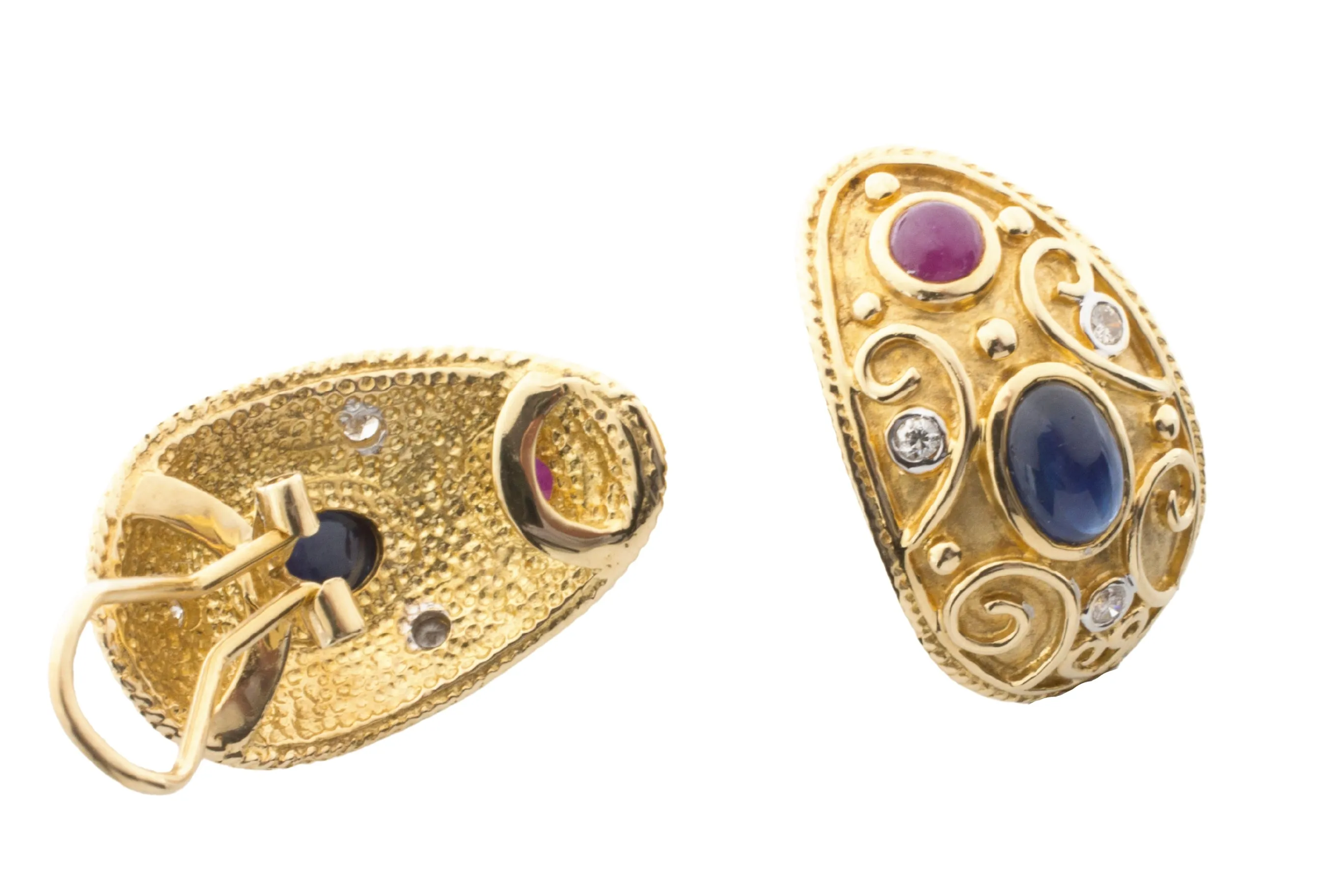 Sapphire, ruby and diamond ear clips in 18 carat gold