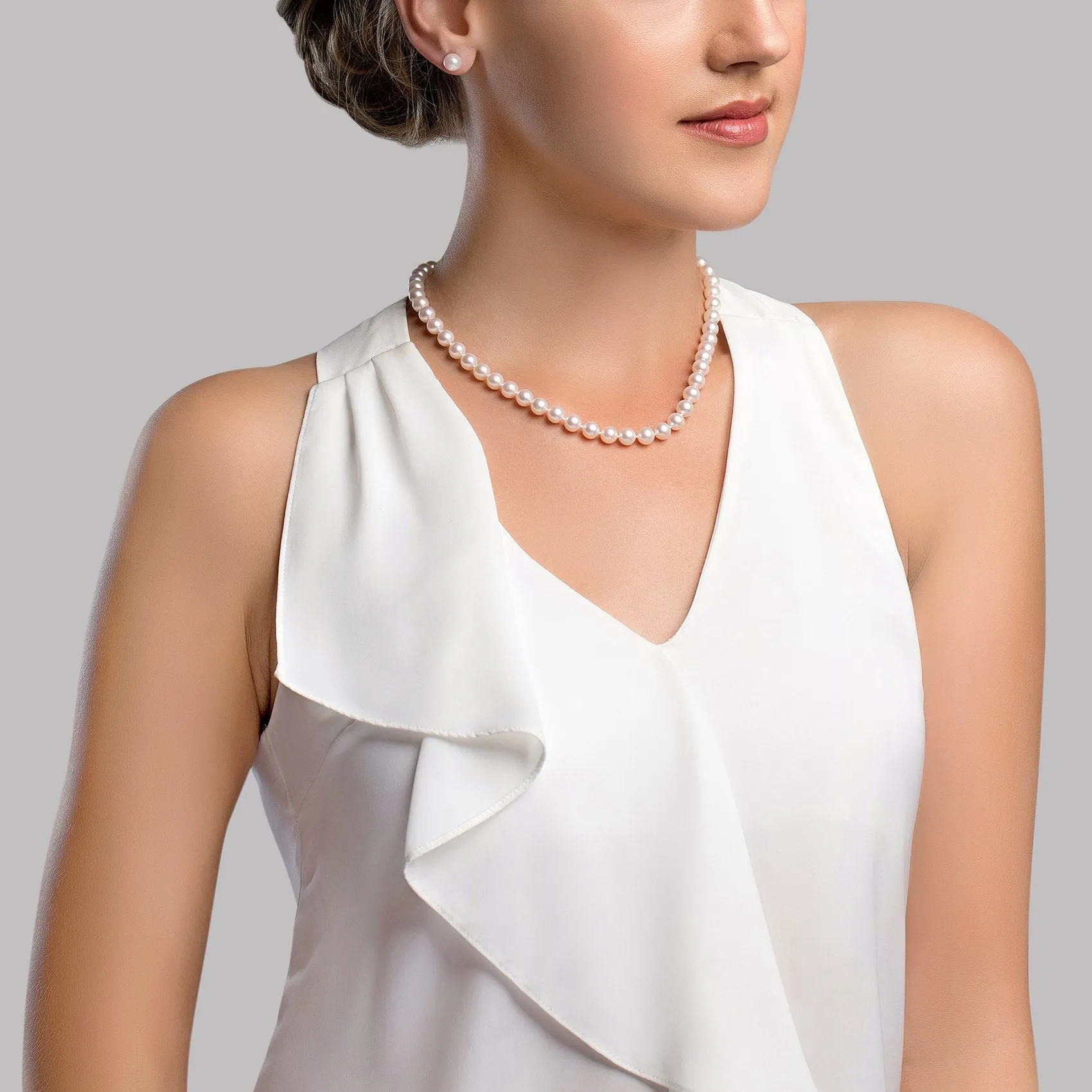 White Japanese Akoya Choker Length Pearl Necklace, 7.0-7.5mm - AA  Quality